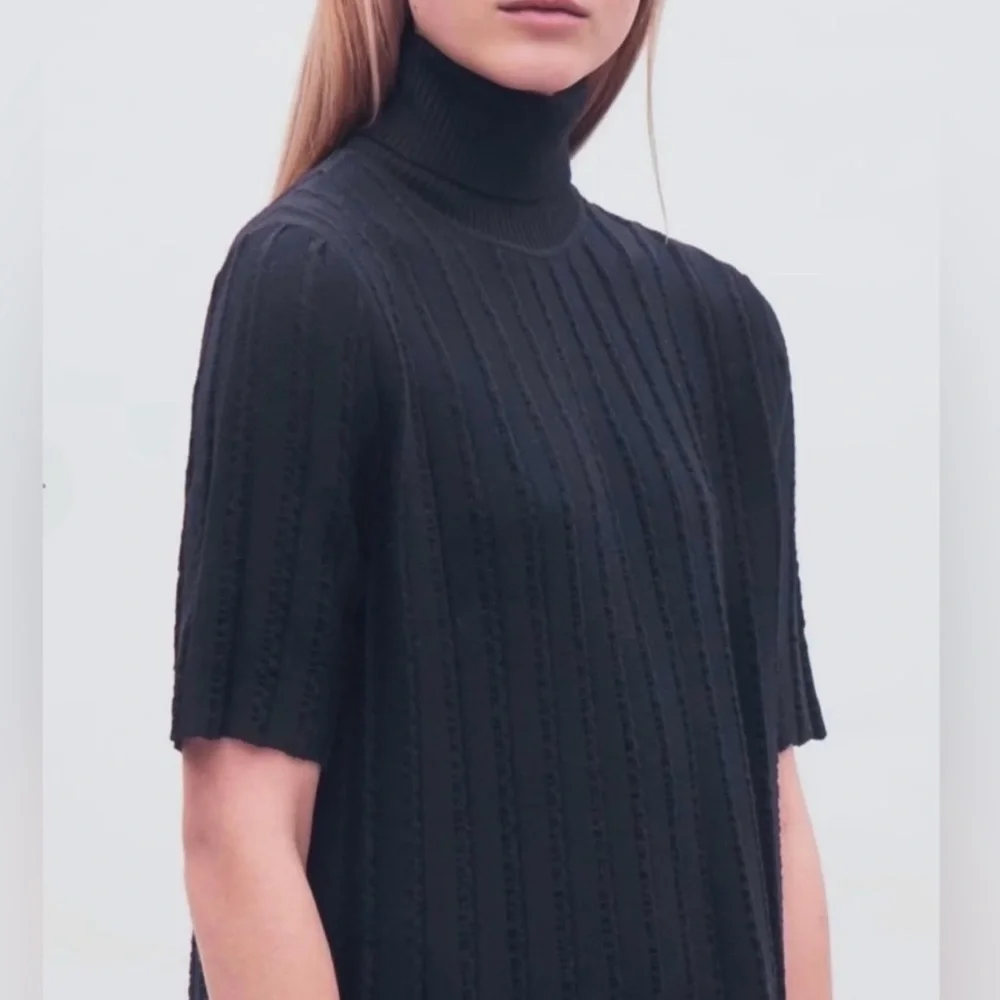 COS Beige Tan / Beige Scallop Pleated Knit Wool Blend Turtleneck Boho Dress Sz S - Picture 5 of 16